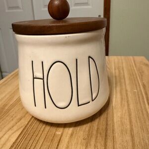 Rae Dunn Ceramic 'HOLD' Canister with Wooden Lid